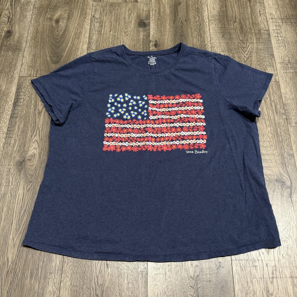 Vera Bradley Shirt Womens XL Blue Floral American Flag Patriotic Graphic Tee